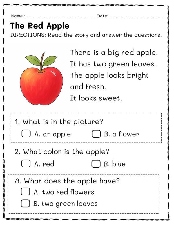 Food articlr01 Kindergarten Apple Reading Comprehension Worksheets | 5 Stories & Answer Keys