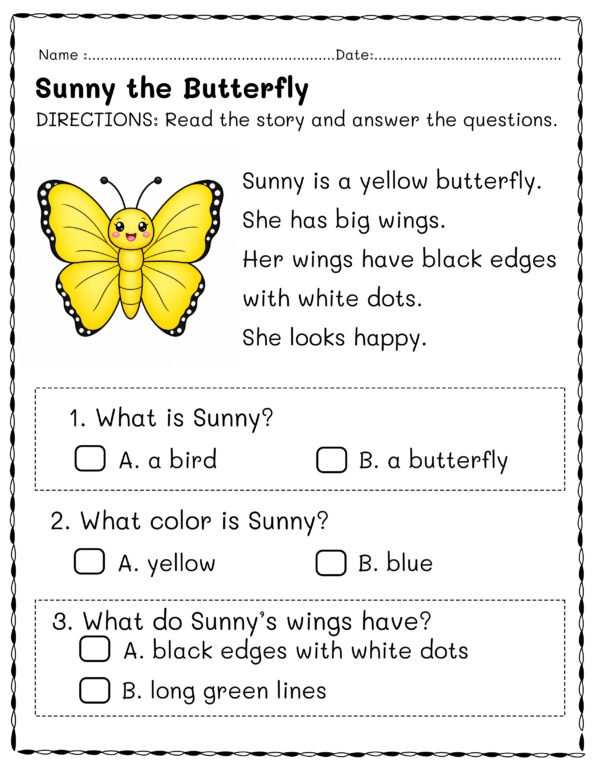 Kindergarten Butterfly Reading Comprehension Worksheets | 5 Stories & Answer Keys