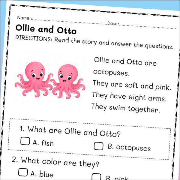 TPT603-G8-Secrets in the Windmill Kindergarten Octopus Reading Comprehension Worksheets | 5 Stories & Answer Keys