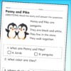 Kindergarten Penguin Reading Comprehension Worksheets | 5 Short Stories & Answer Keys