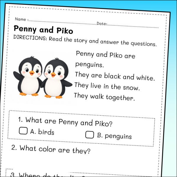Kindergarten Penguin Reading Comprehension Worksheets | 5 Short Stories & Answer Keys