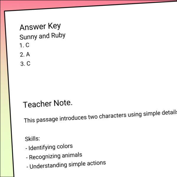Sunny and Ruby Reading Comprehension Worksheets | 5 Short Stories & Answer Keys