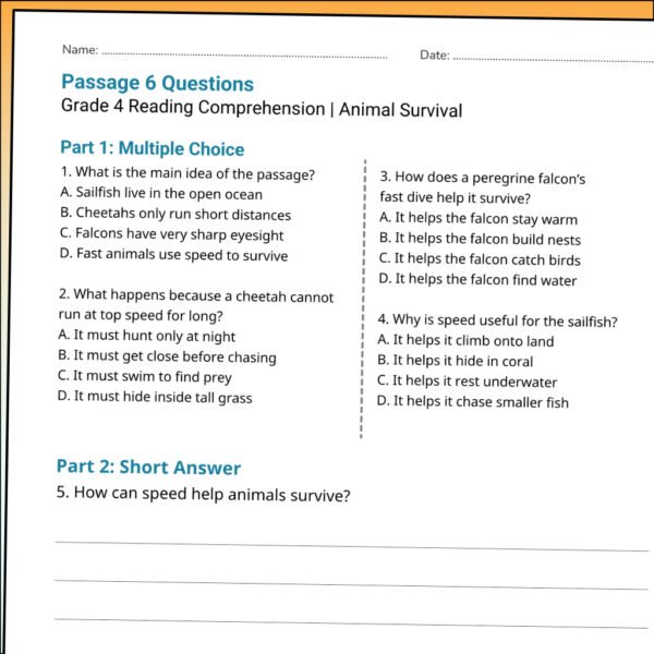 4th Grade Animal Survival Reading Comprehension | 10 Passages