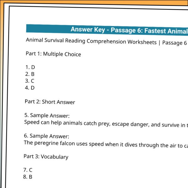 4th Grade Animal Survival Reading Comprehension Worksheets | 10 Passages & Answer Keys