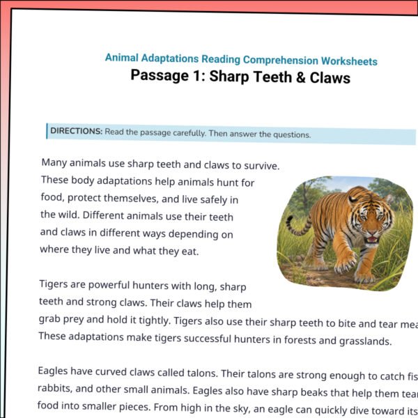 4th Grade Animal Adaptations Reading Comprehension Worksheets | 10 Passages & Answer Keys