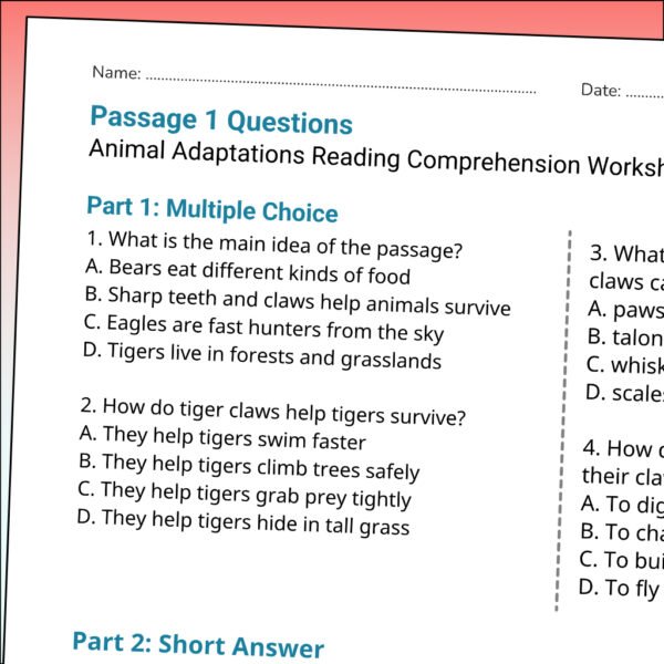 4th Grade Animal Adaptations Reading Comprehension Worksheets | 10 Passages & Answer Keys