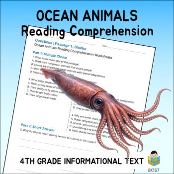 4th Grade Ocean Animals Reading Comprehension Worksheets | 10 Passages & Answer Keys