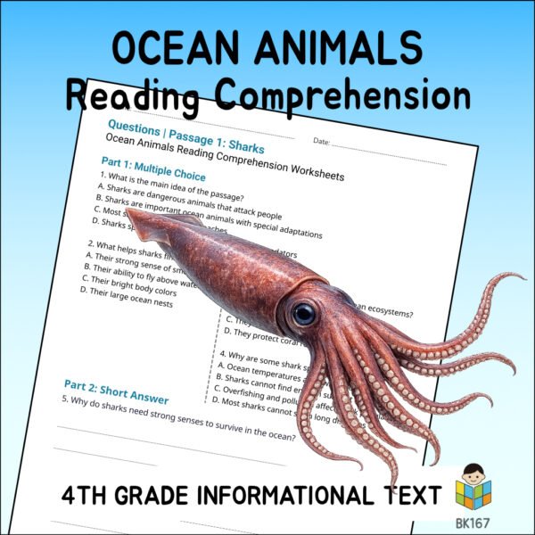 4th Grade Ocean Animals Reading Comprehension Worksheets | 10 Passages & Answer Keys