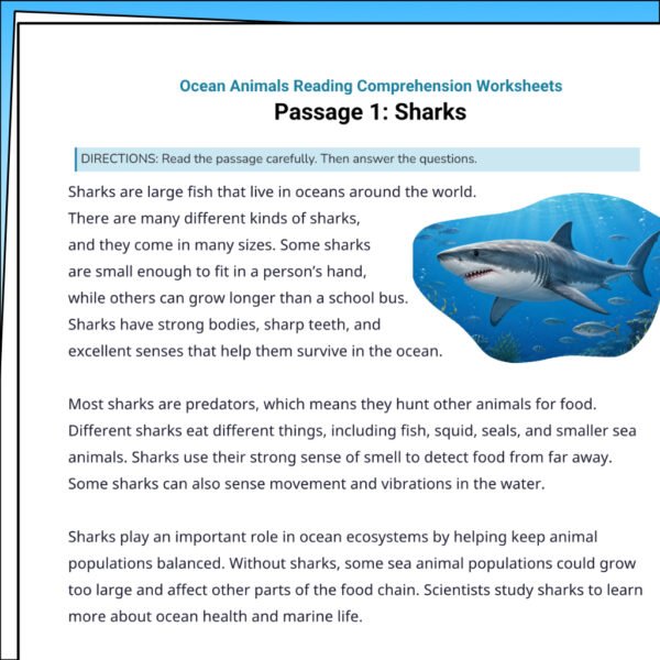 4th Grade Ocean Animals Reading Comprehension Worksheets | 10 Passages & Answer Keys
