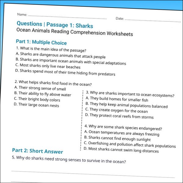 4th Grade Ocean Animals Reading Comprehension Worksheets | 10 Passages & Answer Keys