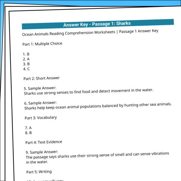 4th Grade Ocean Animals Reading Comprehension Worksheets | 10 Passages & Answer Keys