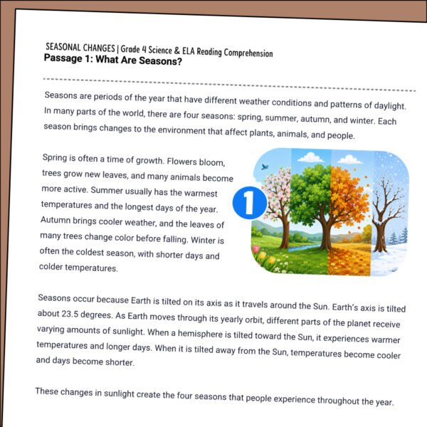 4th Grade Seasonal Changes Reading Comprehension Worksheets | 10 Passages