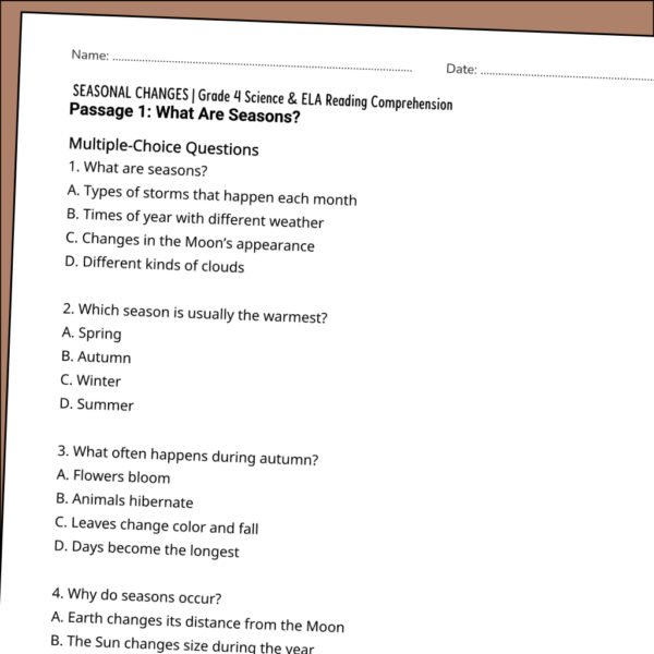 4th Grade Seasonal Changes Reading Comprehension Worksheets | 10 Passages
