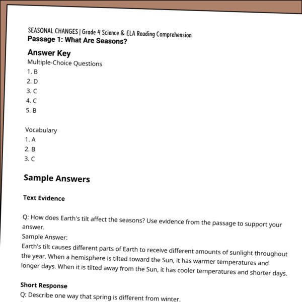 4th Grade Seasonal Changes Reading Comprehension Worksheets | 10 Passages & Answer Keys