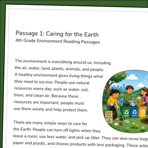 4th Grade Environment Reading Comprehension Worksheets | 10 Passages & Answer Keys