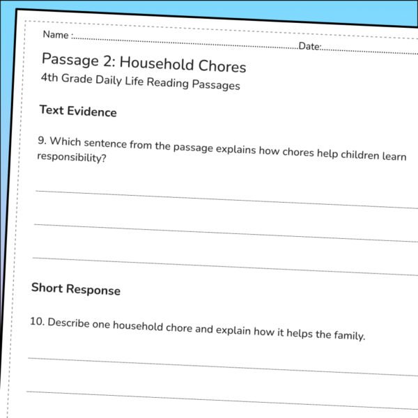 4th Grade Daily Life Reading Comprehension Worksheets | 10 Passages & Answer Keys