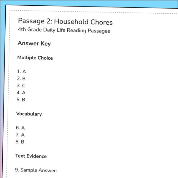 4th Grade Daily Life Reading Comprehension Worksheets | 10 Passages & Answer Keys