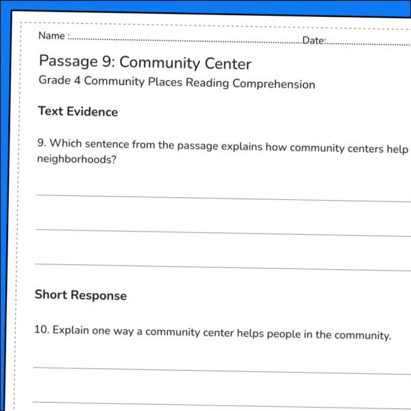 4th Grade Community Places Reading Comprehension Worksheets | 10 Passages & Answer Key