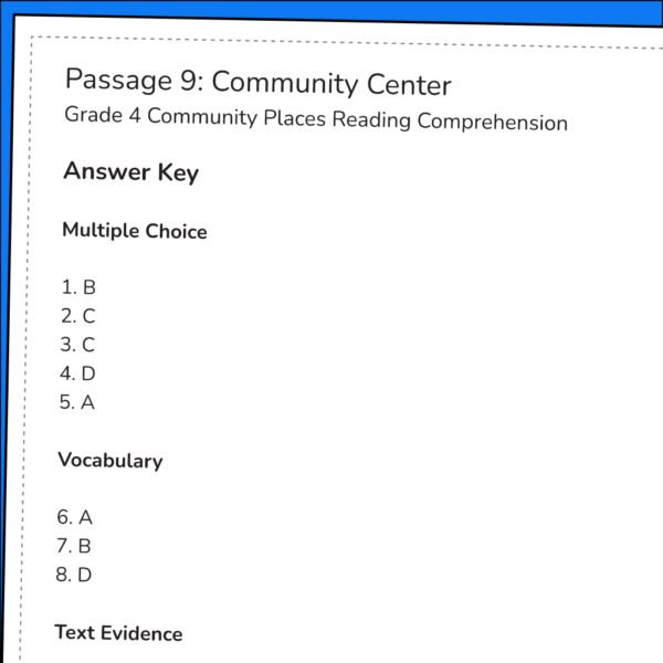 4th Grade Community Places Reading Comprehension Worksheets | 10 Passages & Answer Key