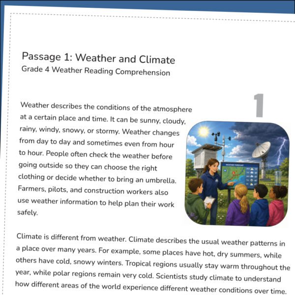 4th Grade Weather and Climate Reading Comprehension Worksheets | 10 Science Passages