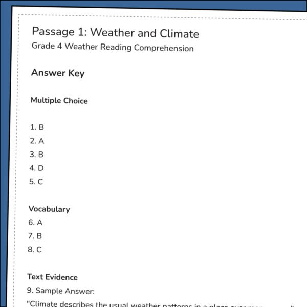 4th Grade Weather and Climate Reading Comprehension Worksheets | 10 Science Passages