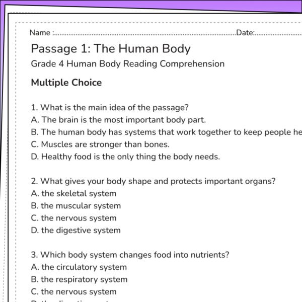 4th Grade Human Body Reading Comprehension Worksheets | 10 Science Passages