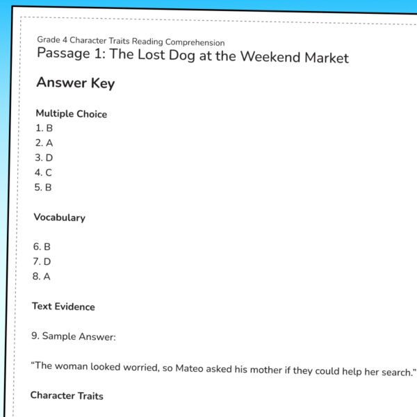 4th Grade Character Traits Reading Comprehension Worksheets | Fiction Passages & Text Evidence