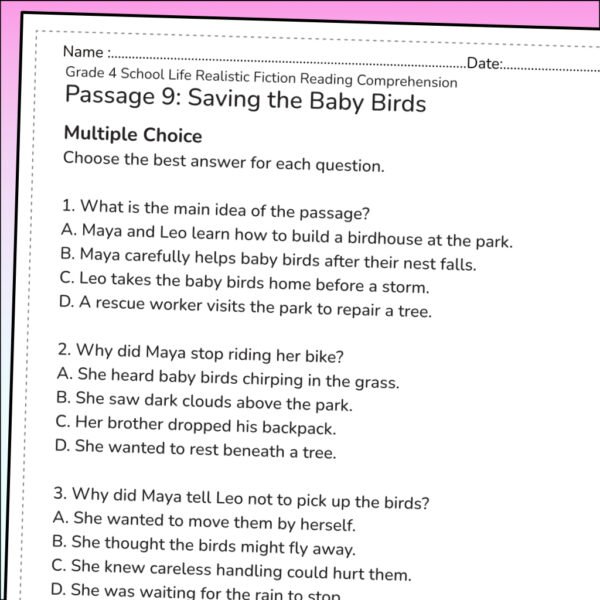 4th Grade School Life Reading Comprehension Passages | Realistic Fiction & Text Evidence