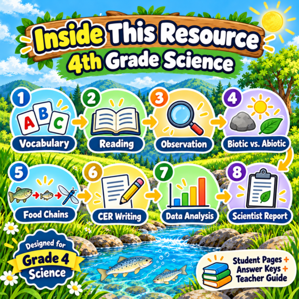 4th Grade Science Worksheets | Freshwater Habitat, Food Chains & Biotic Factors