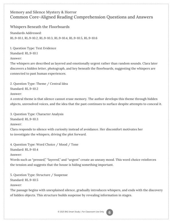 Mystery & Suspense Reading Comprehension Worksheets for Grades 9–10 | 5 Short Stories & Literary Analysis